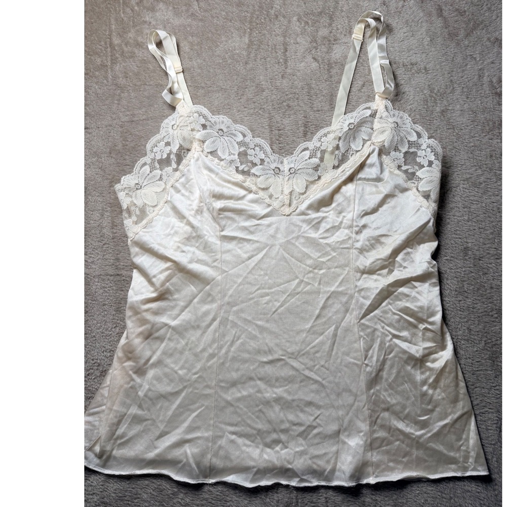 Vintage Lorraine Ivory Lace Trim Cami Slip Nylon Silky Top Coquette Feminine
